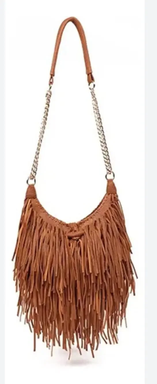 Faux Suede Fringe Tassel Crossbody Bag Chain Strap Boho Purse NWOT
